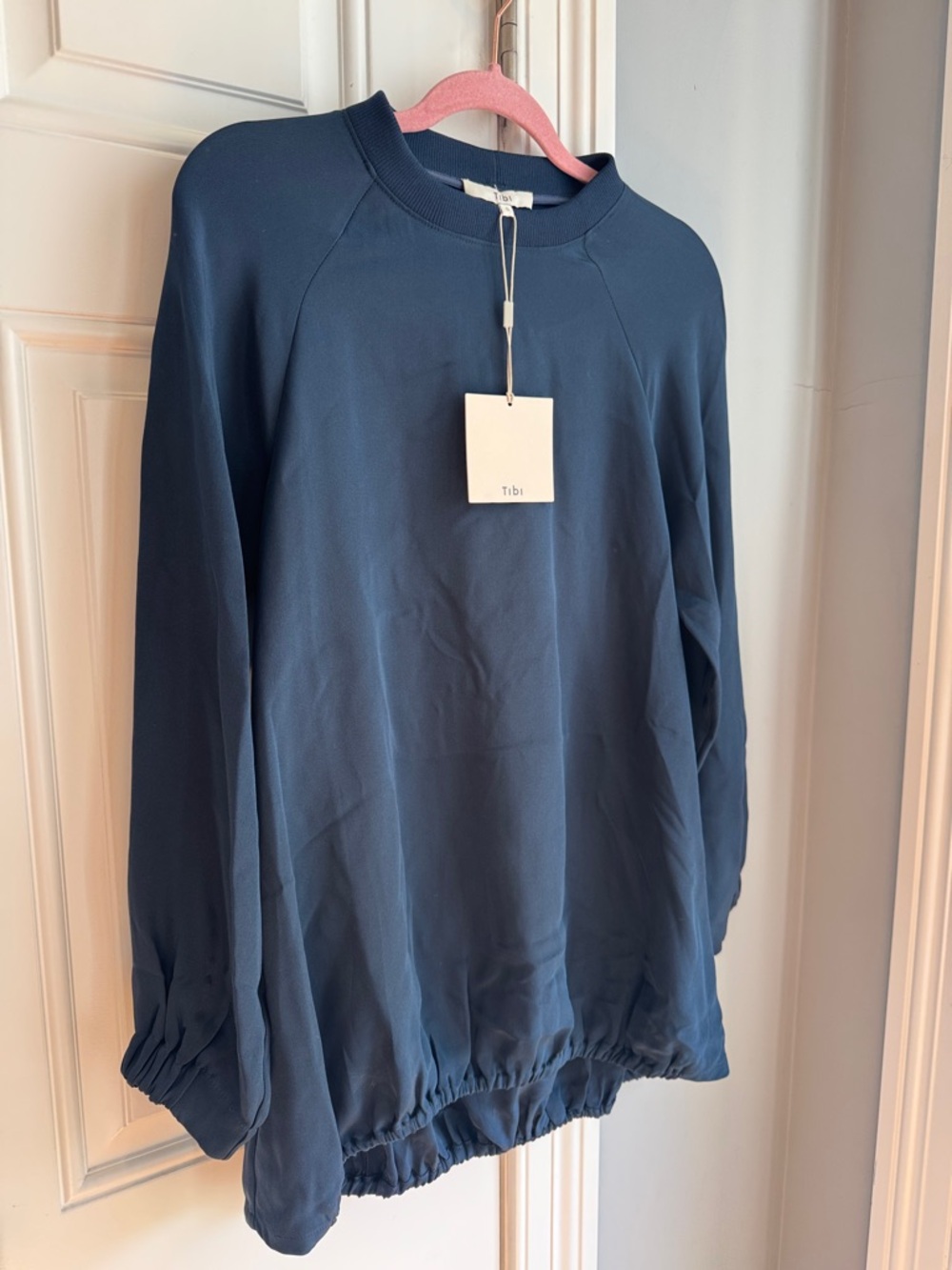 Tibi Ruched Bubble Hem Navy Crewneck Pullover Sweatshirt - Picture 2 of 3